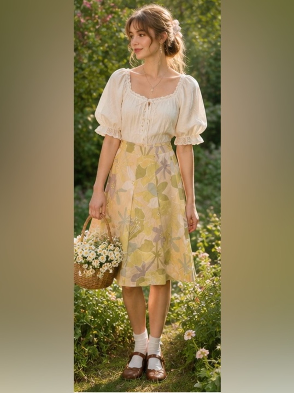 Cottagecore Floral A-Line Skirt Yellow English Garden Romantic Midi